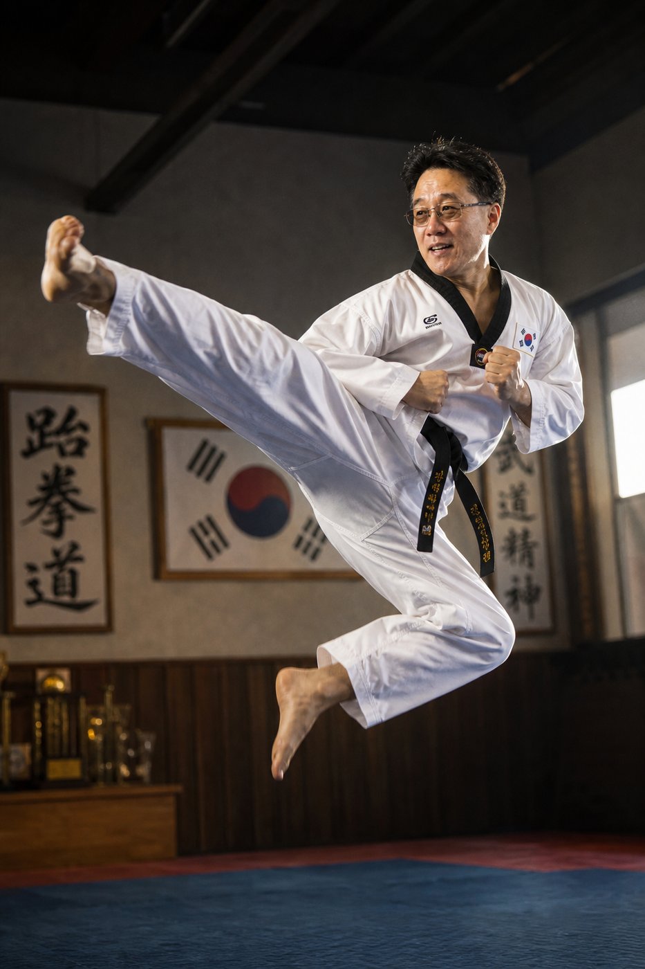 Dad performing a taekwondo flying side kick